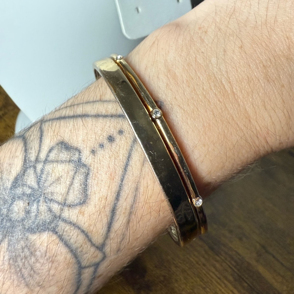Gold Tone Thick Cuff Bangle Bracelet with Rhinestones - Picture 7 of 9